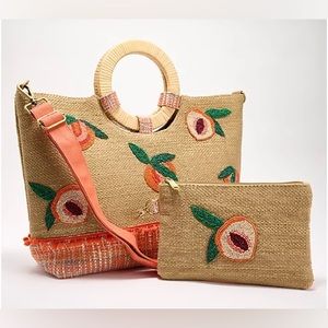 America & Beyond Embellished Jute Tote with Removable Pouch- Georgia Peach